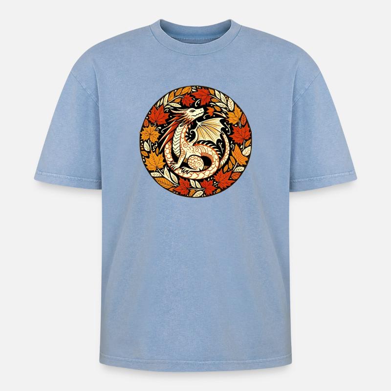 Autumn Dragon Circular Leaf Pattern - Oversized Unisex Premium Acid-Washed T-Shirt - acid washed blue
