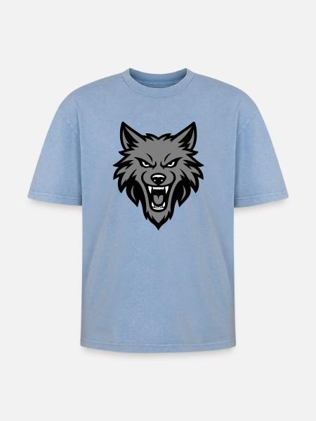 Wolf Kopf Logo - Oversized Unisex Premium Acid-Washed T-Shirt - Blau Acid Wash