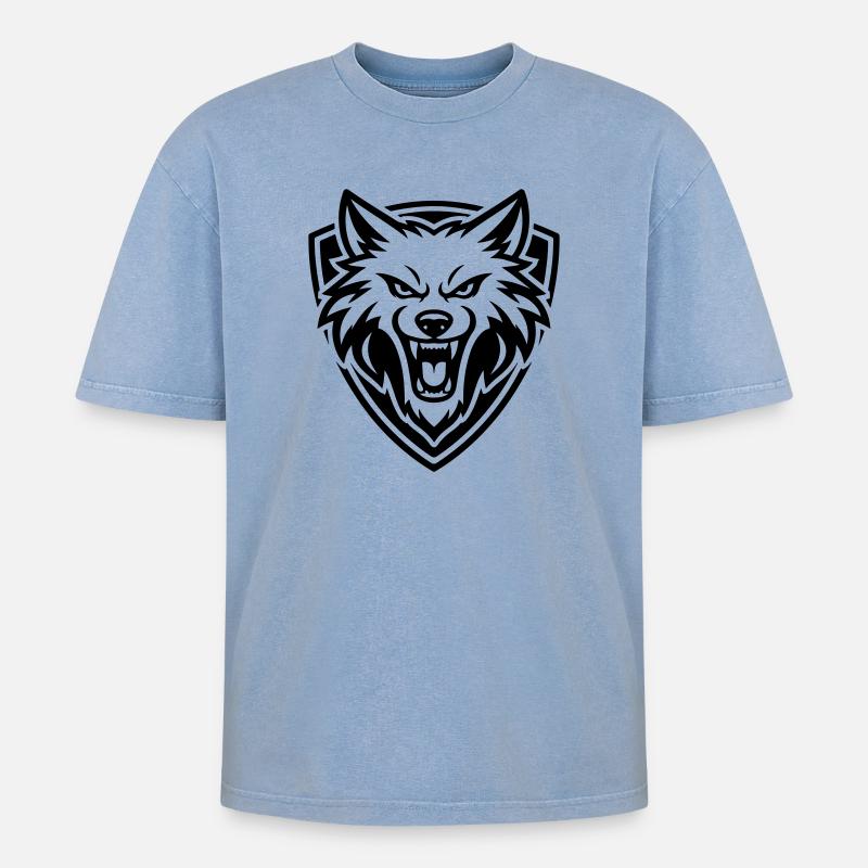 Wolf Kopf Wappen - Oversized Unisex Premium Acid-Washed T-Shirt - Blau Acid Wash
