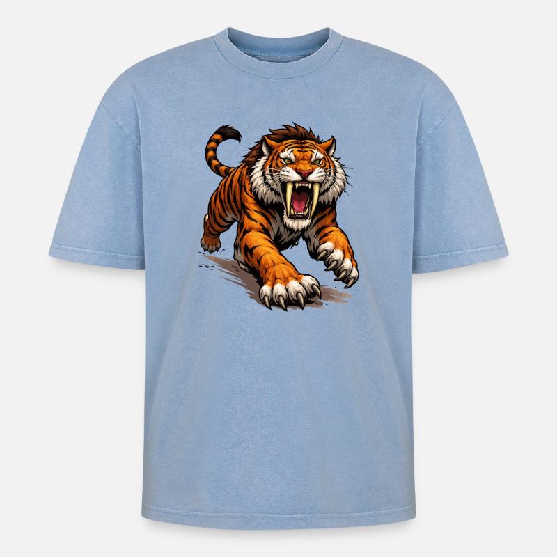 Comic Tiger Angriff - Oversized Unisex Premium Acid-Washed T-Shirt - Blau Acid Wash