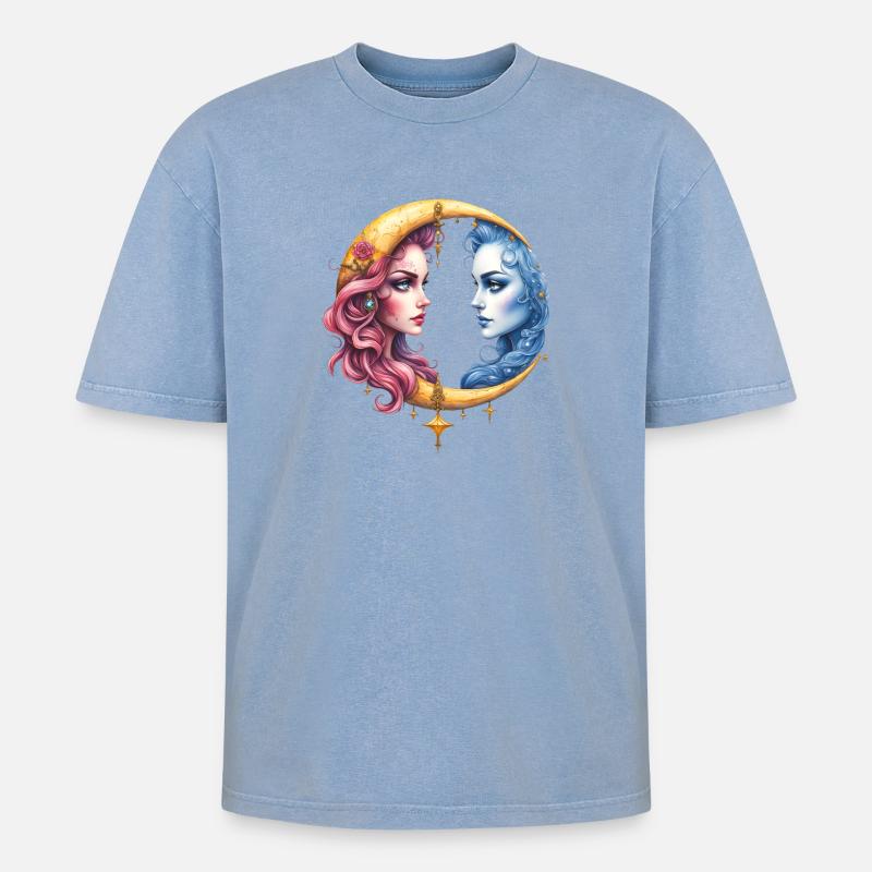 Twin Moon: Faces in Eclipse - Oversized Unisex Premium Acid-Washed T-Shirt - acid washed blue