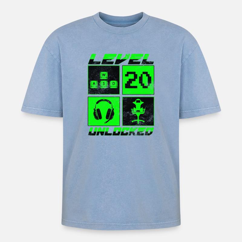 level 20 unlocked - Oversized Unisex Premium Acid-Washed T-Shirt - Blau Acid Wash
