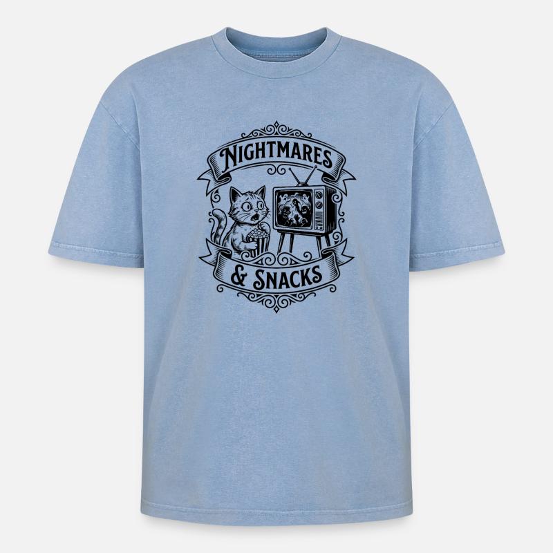 Nightmares & Snacks – Gruselkater - Oversized Unisex Premium Acid-Washed T-Shirt - Blau Acid Wash