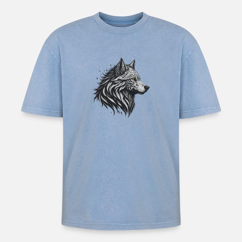 Geometrischer Schwarzer Wolf - Oversized Unisex Premium Acid-Washed T-Shirt - Blau Acid Wash