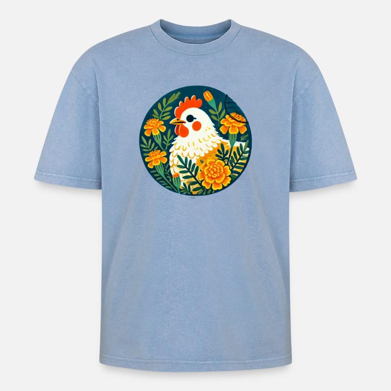 Sonnenhühner zwischen kräftigen Blumen - Oversized Unisex Premium Acid-Washed T-Shirt - Blau Acid Wash