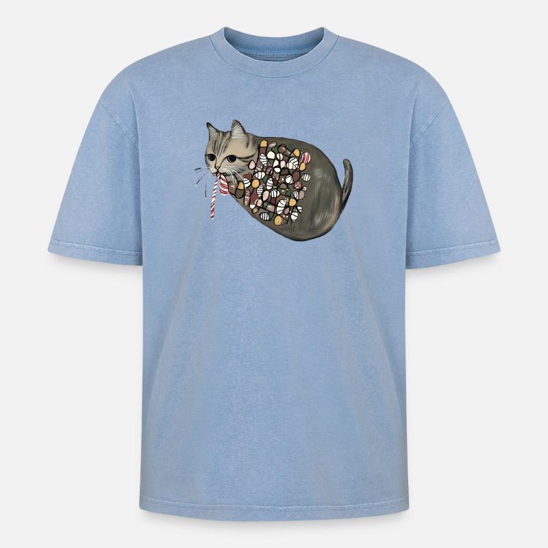 Candy Pattern Candy Cat - Oversized Unisex Premium Acid-Washed T-Shirt - Blau Acid Wash