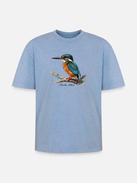 Bunter Eisvögel auf Ast - Oversized Unisex Premium Acid-Washed T-Shirt - Blau Acid Wash