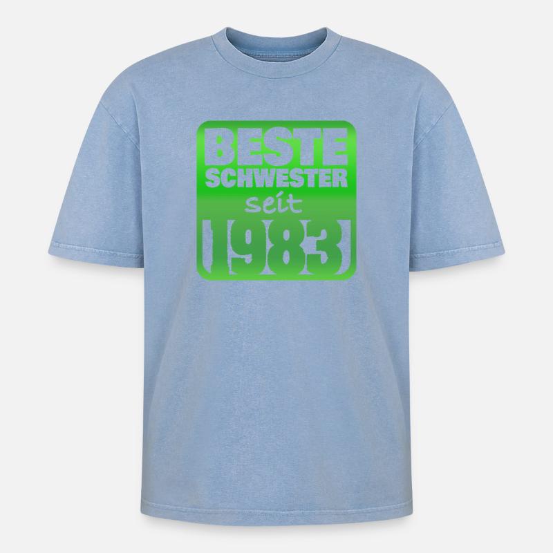 Schwester 1983 - Oversized Unisex Premium Acid-Washed T-Shirt - Blau Acid Wash