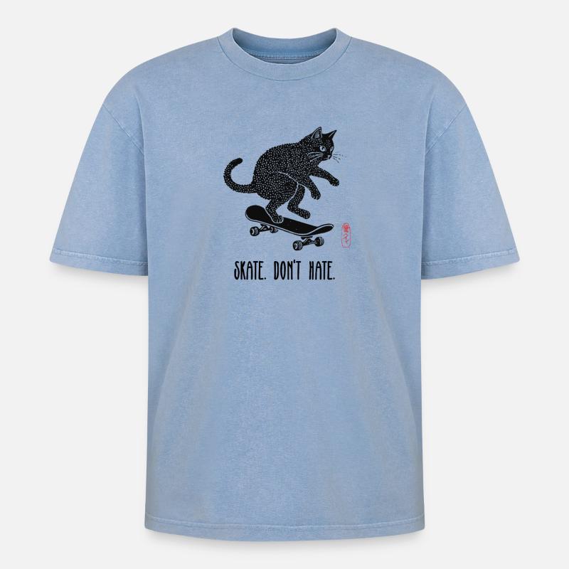 Skate, Don't Hate Kätzchen - Oversized Unisex Premium Acid-Washed T-Shirt - Blau Acid Wash