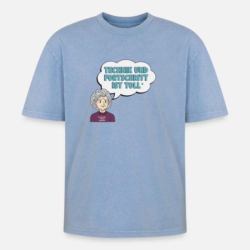 Technikliebe mit Oma Comic - Oversized Unisex Premium Acid-Washed T-Shirt - Blau Acid Wash