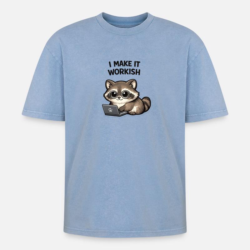 Workish Waschbär am Laptop - Oversized Unisex Premium Acid-Washed T-Shirt - Blau Acid Wash