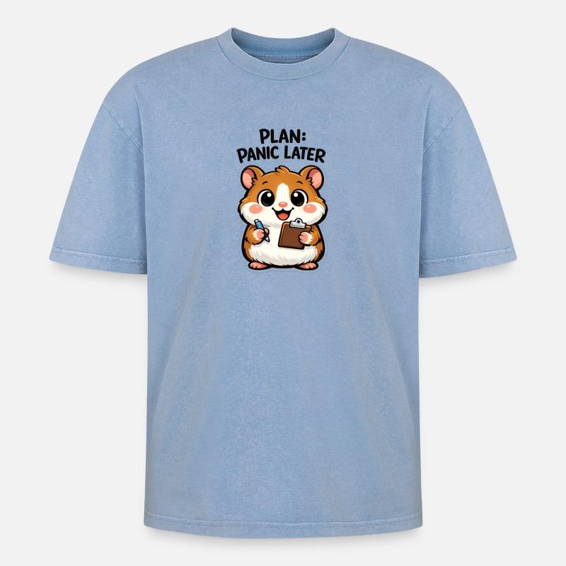 Plan: Panik Später Hamster - Oversized Unisex Premium Acid-Washed T-Shirt - Blau Acid Wash