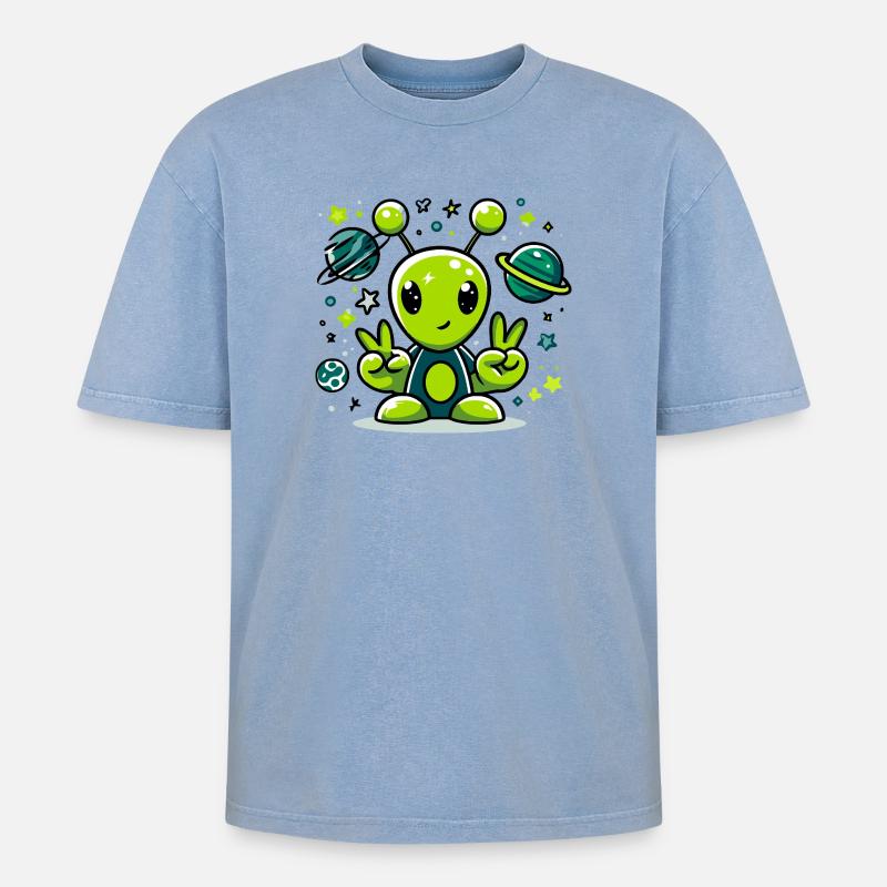 Extraterrestre vert dans l’espace - T-shirt Premium unisexe oversize acid-washed - bleu délavé acide