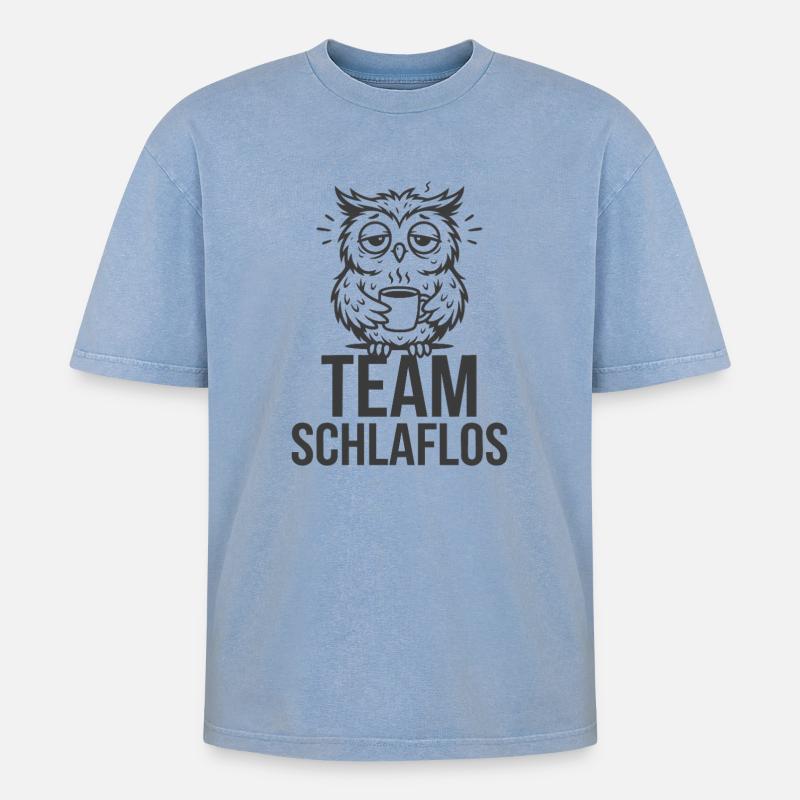 Team Schlaflos – Müde Eule - Oversized Unisex Premium Acid-Washed T-Shirt - Blau Acid Wash