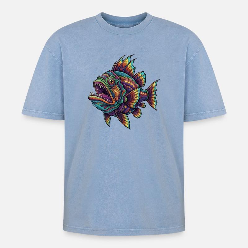 Rainbow Fish with Pattern - Oversized Unisex Premium Acid-Washed T-Shirt - acid washed blue