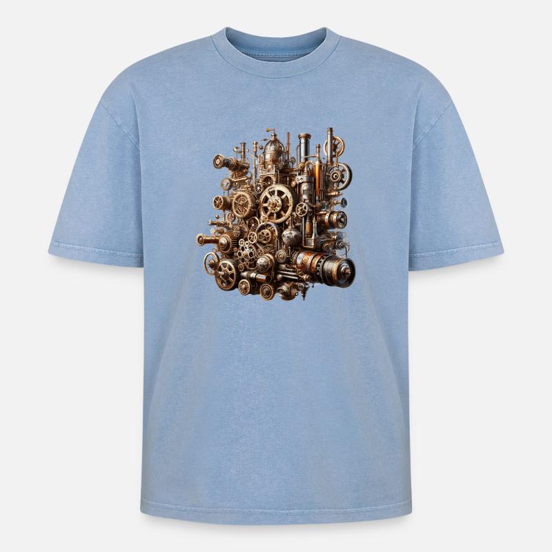 Steampunk Gearwerk Koloss - Oversized Unisex Premium Acid-Washed T-Shirt - Blau Acid Wash