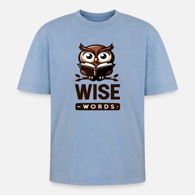Weise Eule mit Buch – Wörter - Oversized Unisex Premium Acid-Washed T-Shirt - Blau Acid Wash