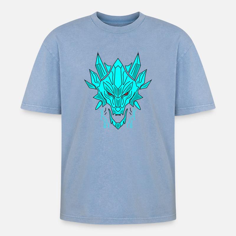Geometrischer Eisdrache Kopf - Oversized Unisex Premium Acid-Washed T-Shirt - Blau Acid Wash