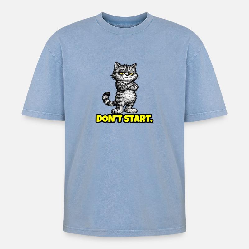 Don’t Start. – Grumpy Katze (Attitude) CAT - Oversized Unisex Premium Acid-Washed T-Shirt - Blau Acid Wash