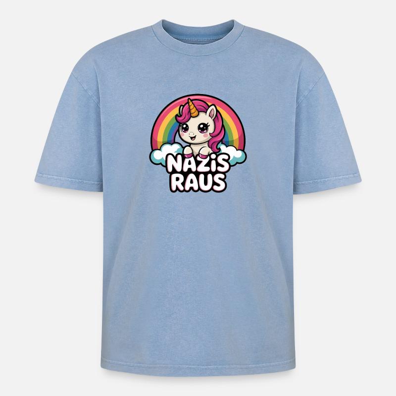 Nazis Raus - Antifa Einhorn Tee - Oversized Unisex Premium Acid-Washed T-Shirt - Blau Acid Wash