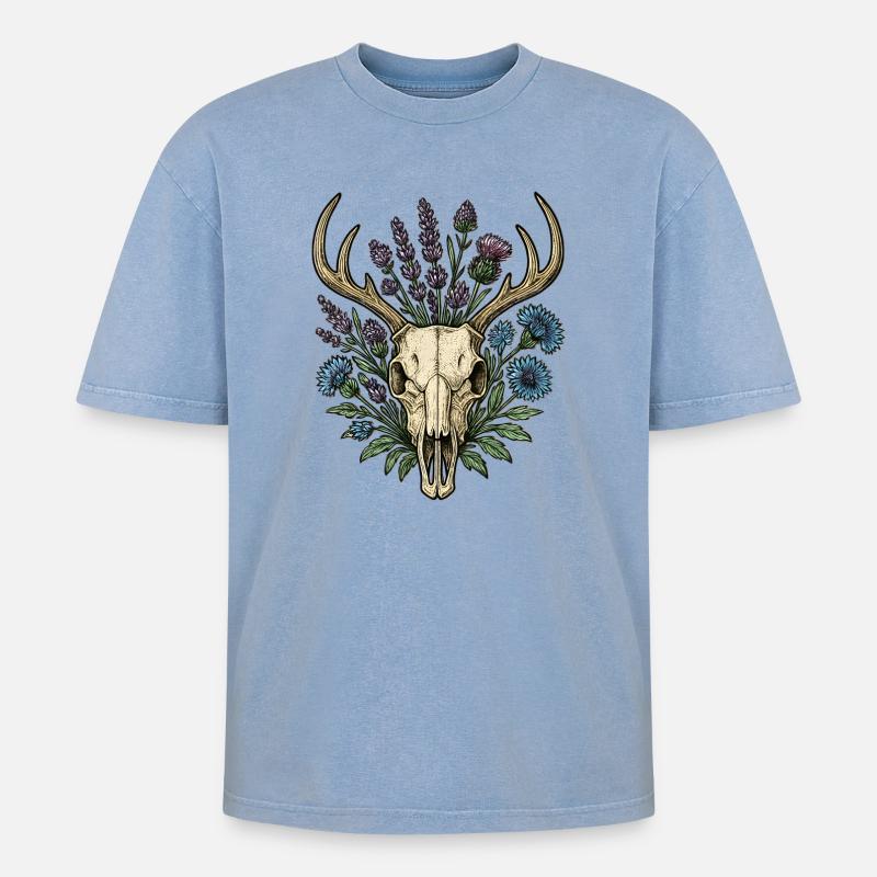 Hirschknochen mit Blumenkranz - Oversized Unisex Premium Acid-Washed T-Shirt - Blau Acid Wash