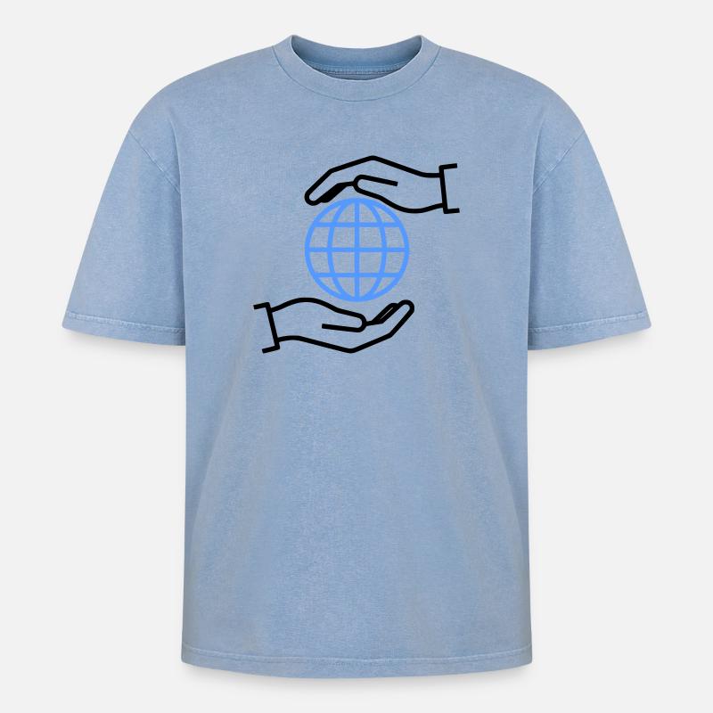 Globe Hands Outline Global - Oversized Unisex Premium Acid-Washed T-Shirt - acid washed blue