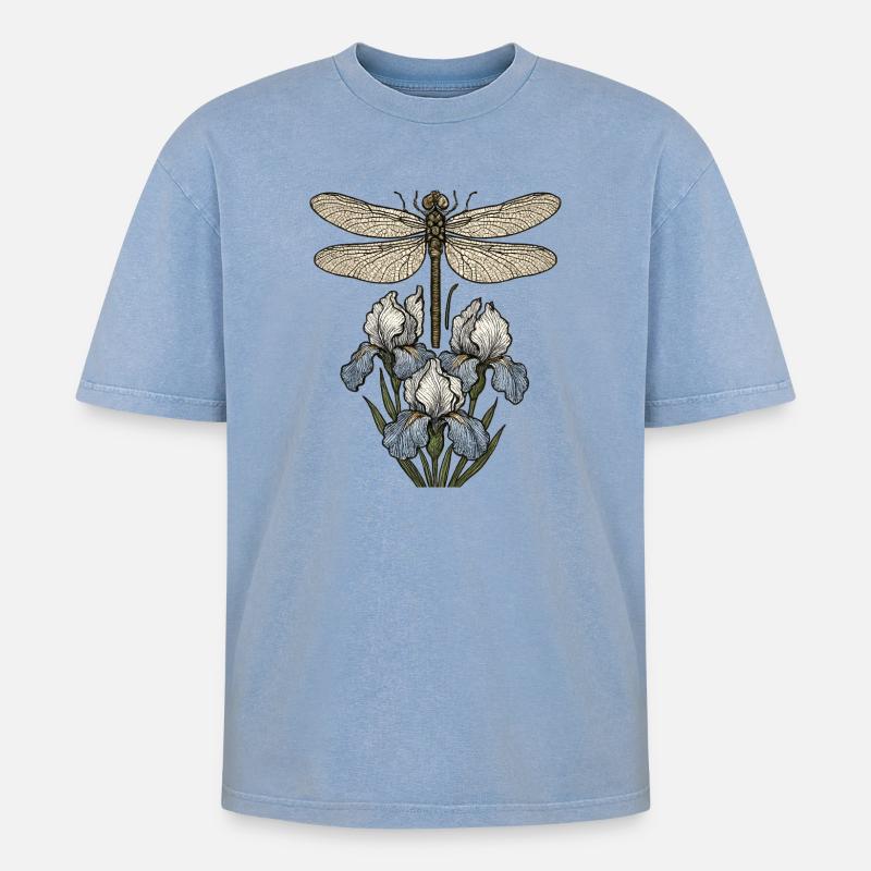 Libellule sur fleurs d’iris - T-shirt Premium unisexe oversize acid-washed - bleu délavé acide