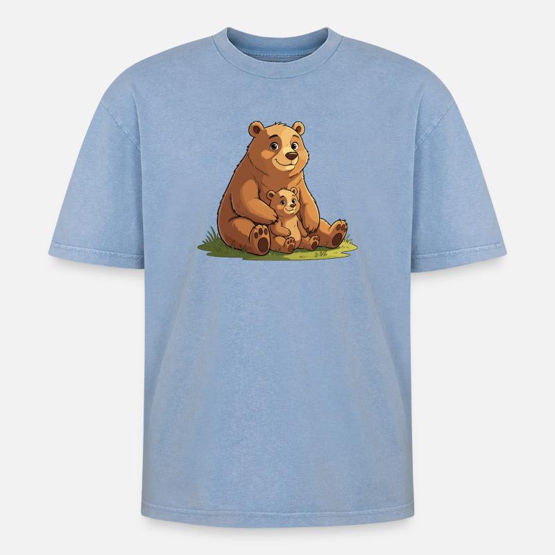 Sanfte Bärenmutter mit Jungem - Oversized Unisex Premium Acid-Washed T-Shirt - Blau Acid Wash