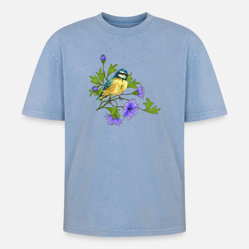 Bunter Vogel - Oversized Unisex Premium Acid-Washed T-Shirt - Blau Acid Wash