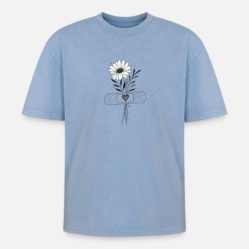 Gänseblümchenherz-Schleife - Oversized Unisex Premium Acid-Washed T-Shirt - Blau Acid Wash