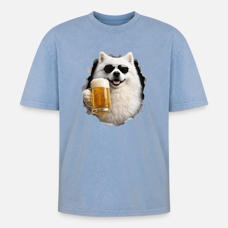 Japanischer Spitz Bier - Oversized Unisex Premium Acid-Washed T-Shirt - Blau Acid Wash