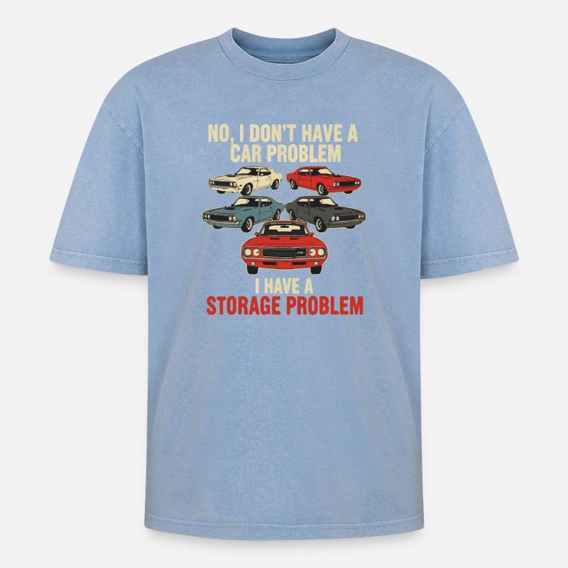 Storage Problem Car Meme Tee - Oversized Unisex Premium Acid-Washed T-Shirt - Blau Acid Wash