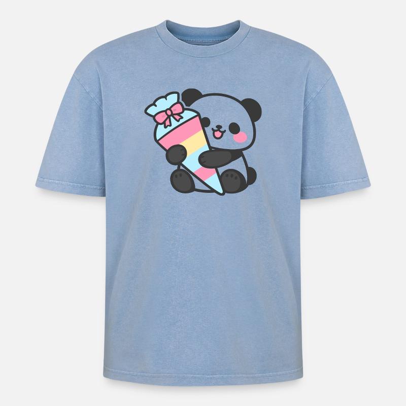 1. Klasse Panda Einschulung Geschenk 2026 - Oversized Unisex Premium Acid-Washed T-Shirt - Blau Acid Wash