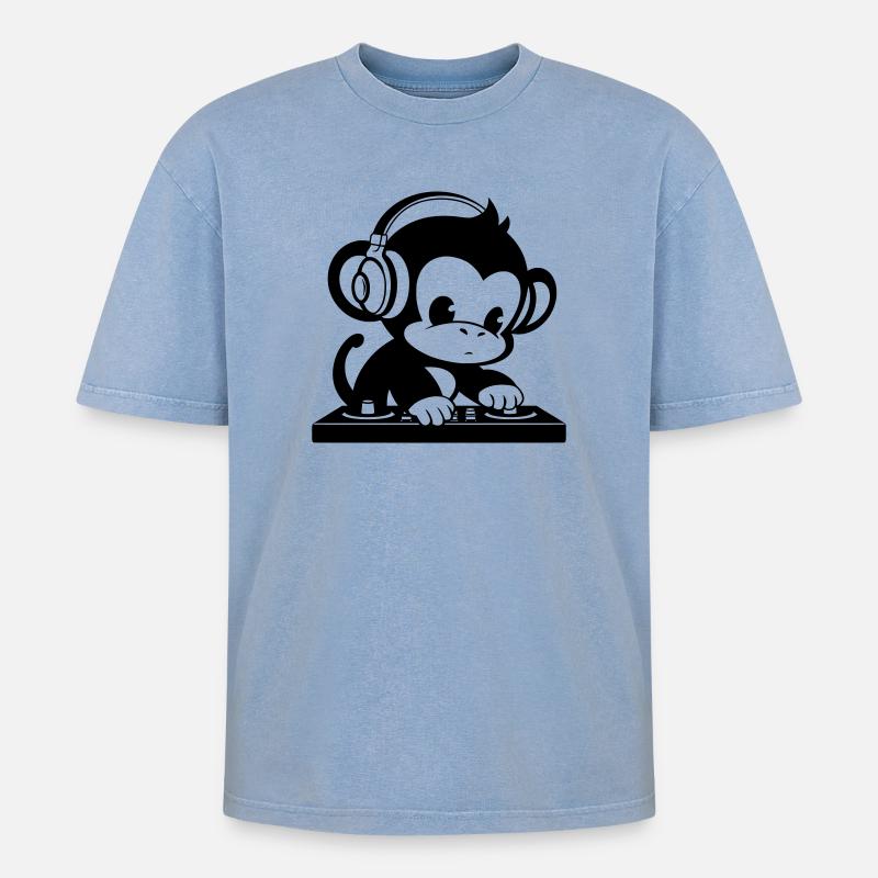 DJ Affe mit Kopfhörern - Oversized Unisex Premium Acid-Washed T-Shirt - Blau Acid Wash