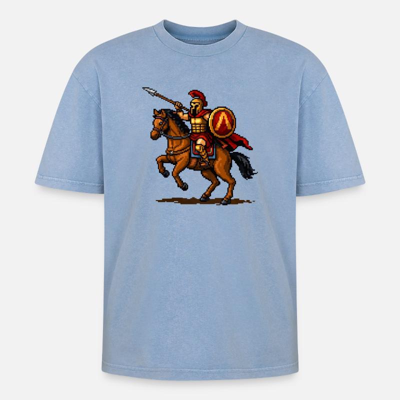Pixelritter auf Pferd - Oversized Unisex Premium Acid-Washed T-Shirt - Blau Acid Wash