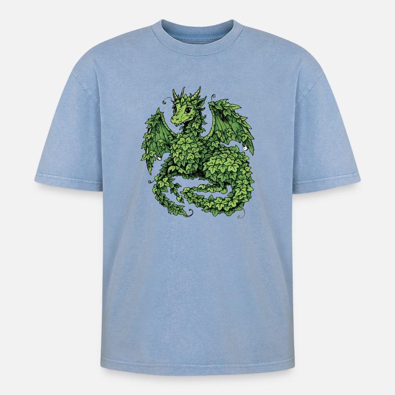 Efeu-Drache - Oversized Unisex Premium Acid-Washed T-Shirt - Blau Acid Wash