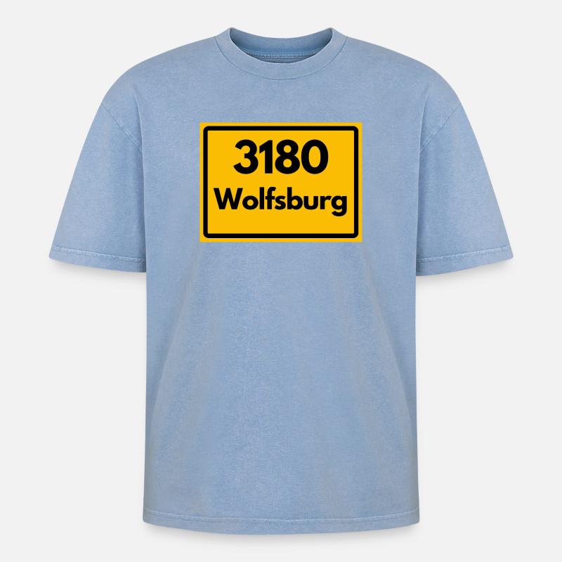 OLD POSTCODE POSTCODE RETRO 3180 WOLFSBURG - Oversized Unisex Premium Acid-Washed T-Shirt - acid washed blue