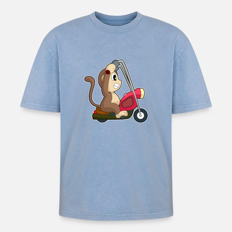 Affe Motorrad - Oversized Unisex Premium Acid-Washed T-Shirt - Blau Acid Wash