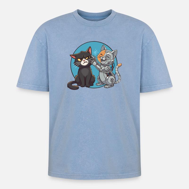 Chat und Roboter - Oversized Unisex Premium Acid-Washed T-Shirt - Blau Acid Wash