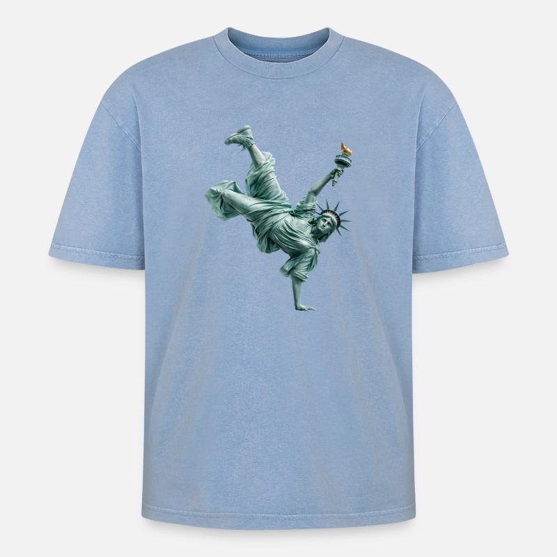 Freiheitsstatue Breakdancing - Oversized Unisex Premium Acid-Washed T-Shirt - Blau Acid Wash