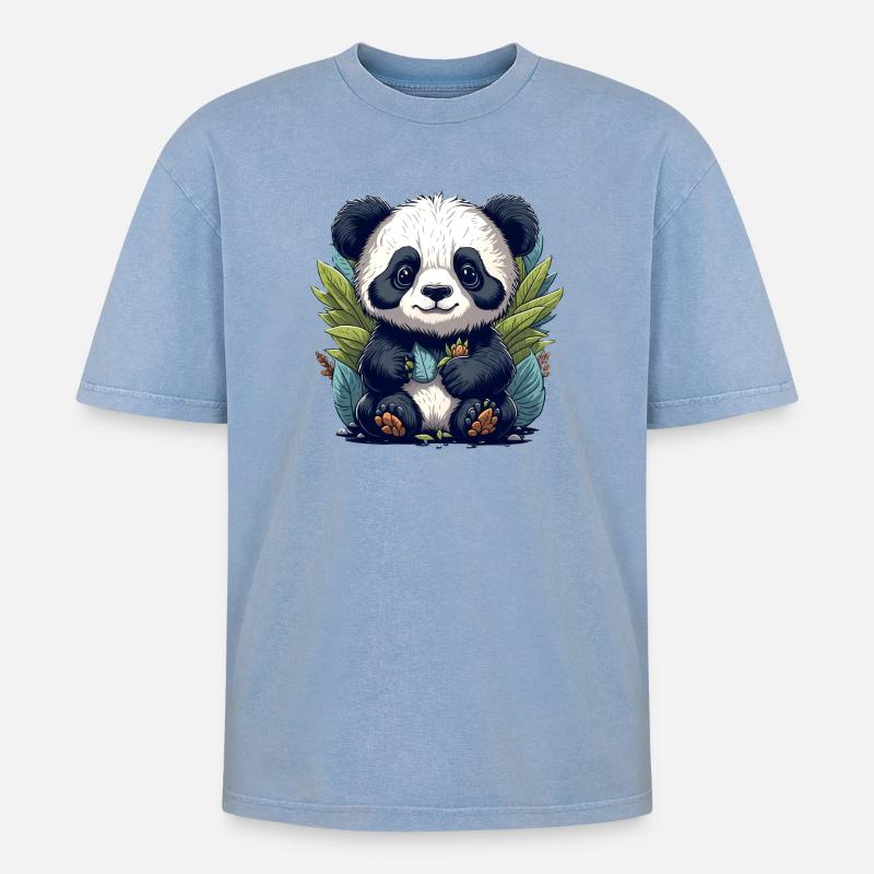 Panda im Blattwald - Oversized Unisex Premium Acid-Washed T-Shirt - Blau Acid Wash