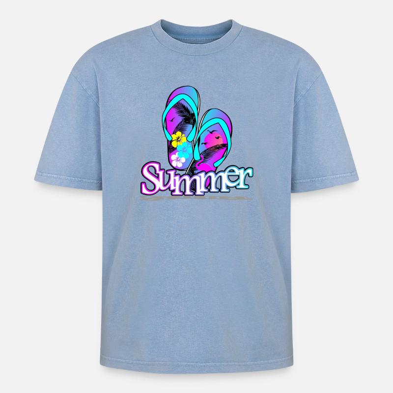 Sommer Flipflop - Oversized Unisex Premium Acid-Washed T-Shirt - Blau Acid Wash