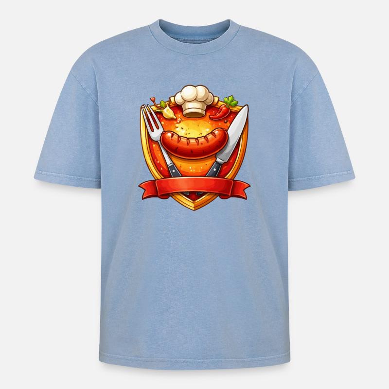 Gegrillte Wurst auf rotem Teller Schild - Oversized Unisex Premium Acid-Washed T-Shirt - Blau Acid Wash
