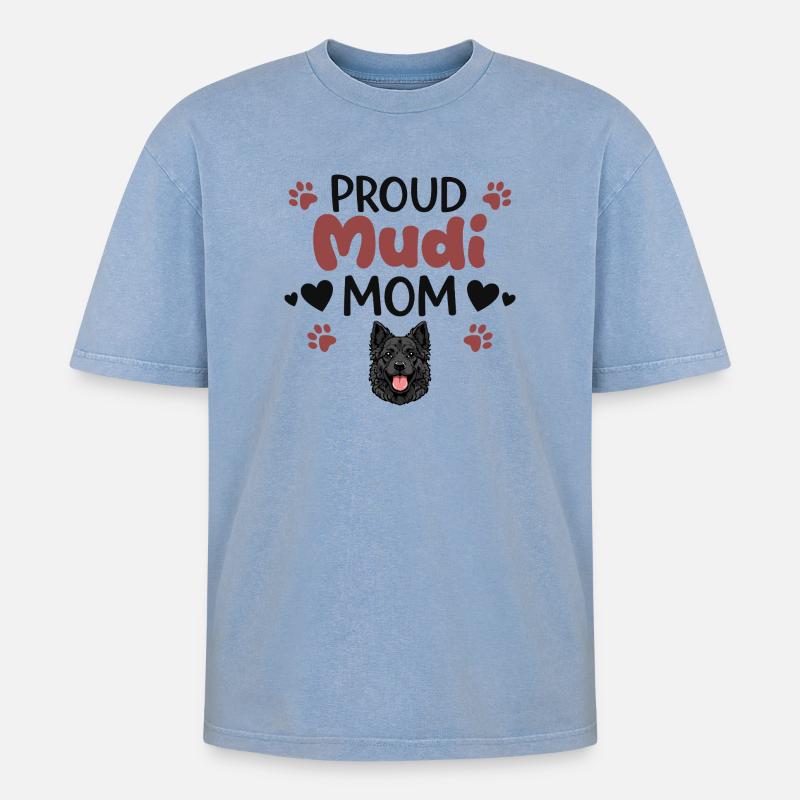 Stolze Mudi Mutter, Mudi - Oversized Unisex Premium Acid-Washed T-Shirt - Blau Acid Wash