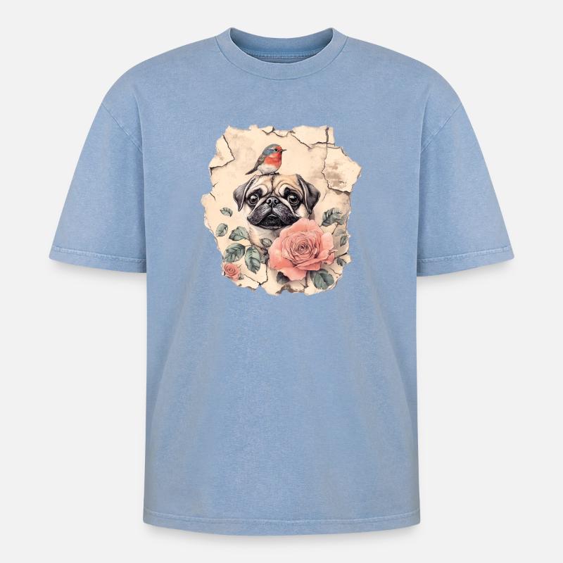 Mops mit Rotkehlchen - Oversized Unisex Premium Acid-Washed T-Shirt - Blau Acid Wash