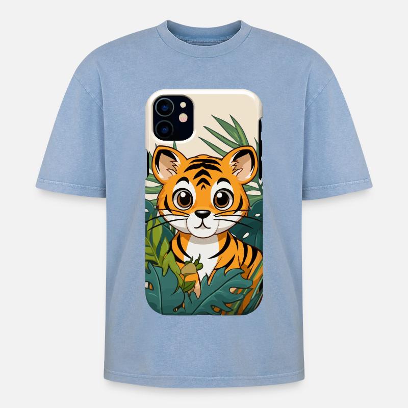 Tigerjunge im Dschungel - Oversized Unisex Premium Acid-Washed T-Shirt - Blau Acid Wash