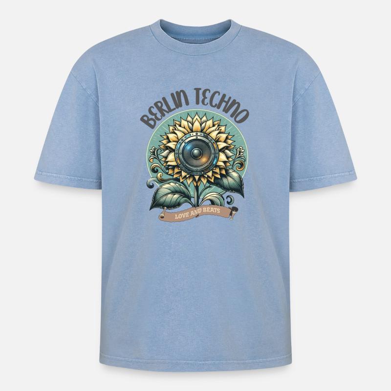 Berlin Techno - Love and Beats - Oversized Unisex Premium Acid-Washed T-Shirt - Blau Acid Wash