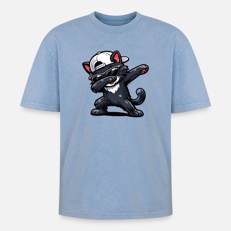 Dabbing Cat - Oversized Unisex Premium Acid-Washed T-Shirt - Blau Acid Wash