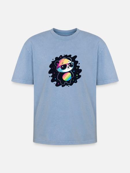 Panda Rainbow Galaxy Cool Glasses - Oversized Unisex Premium Acid-Washed T-Shirt - acid washed blue