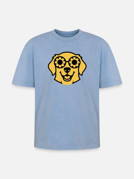 Labrador Flower Glasses Peace Comic - Oversized Unisex Premium Acid-Washed T-Shirt - acid washed blue